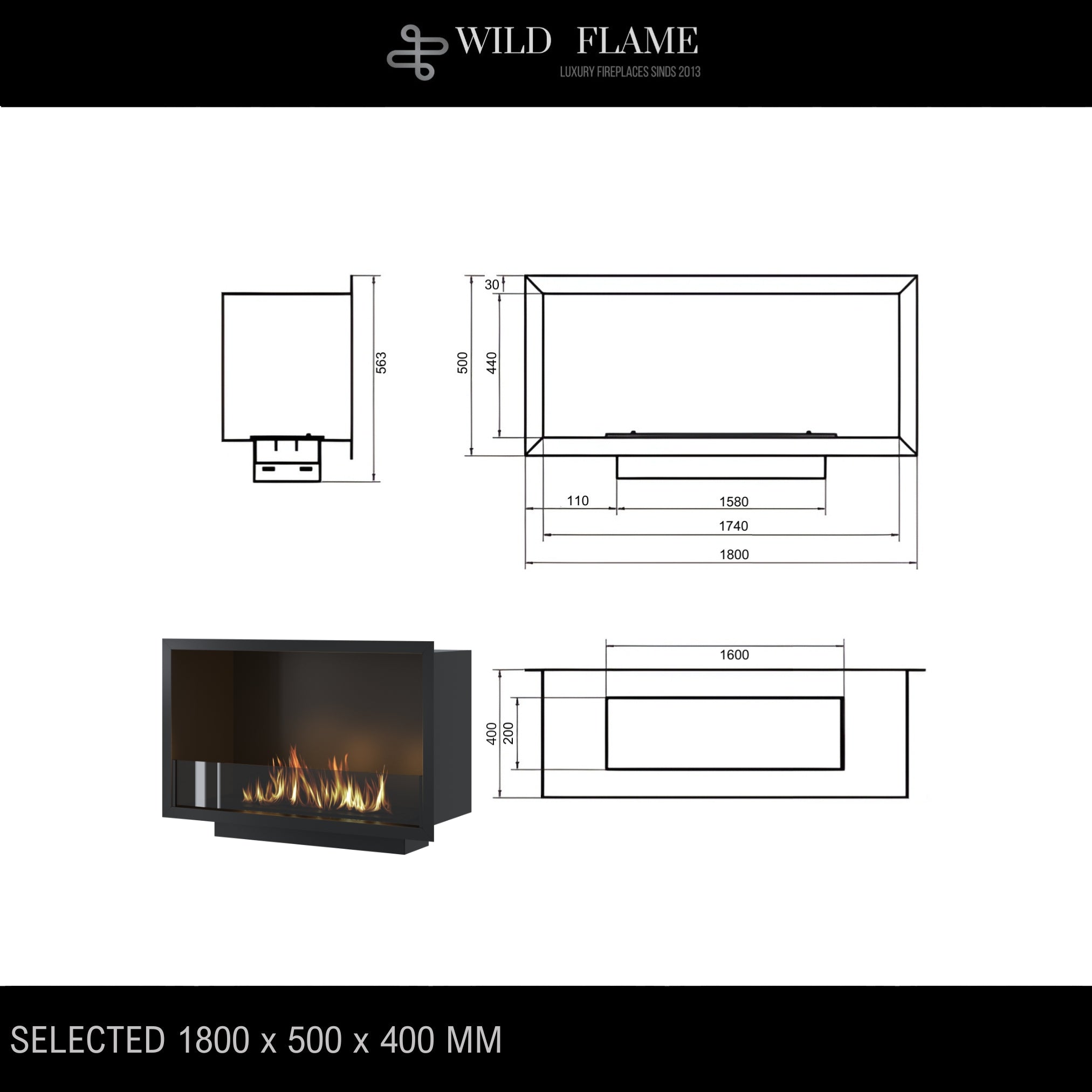 Selected Enkelzijdige Inbouwhaard 180 cm