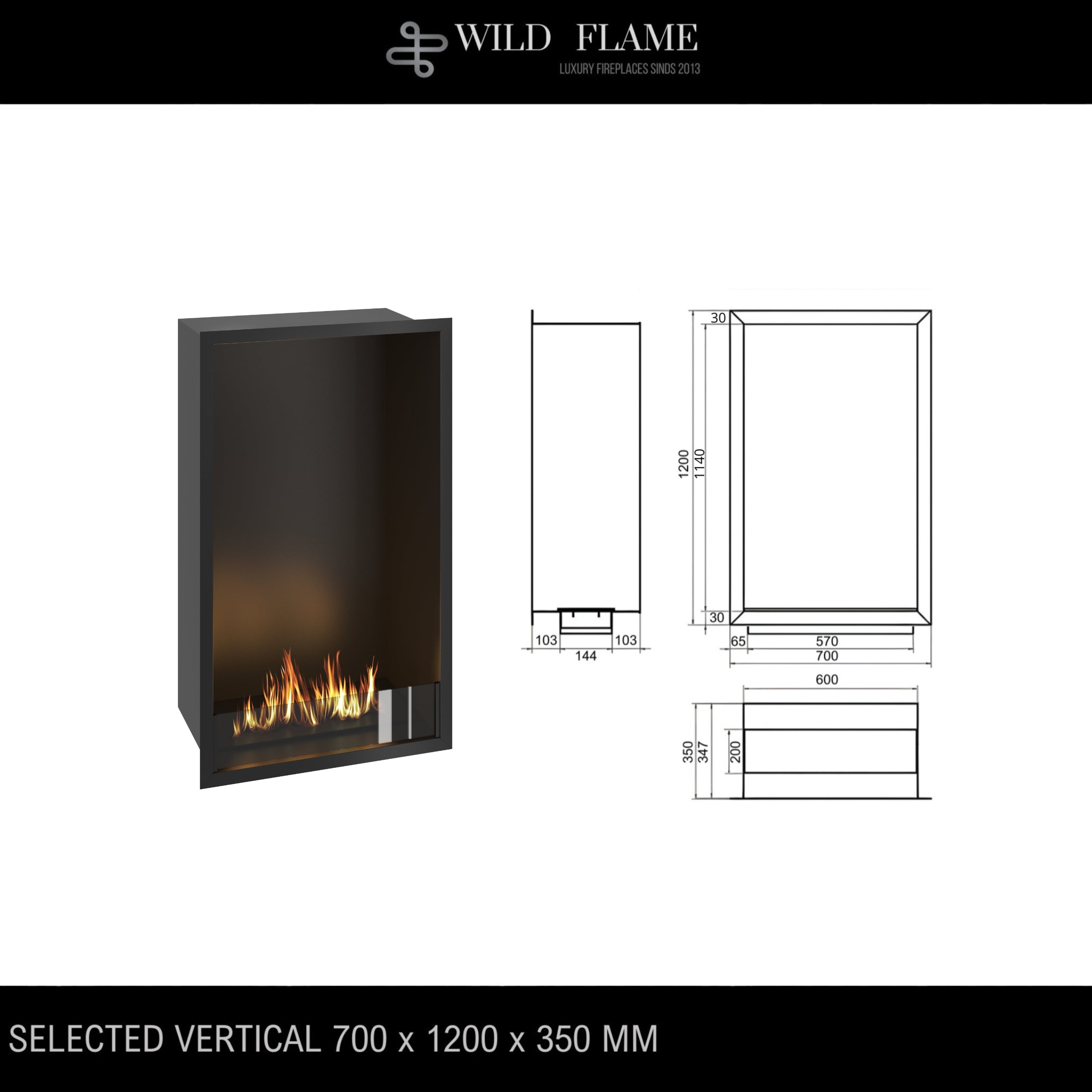 Selected Vertical Enkelzijdige Inbouwhaard 70 x 120 cm