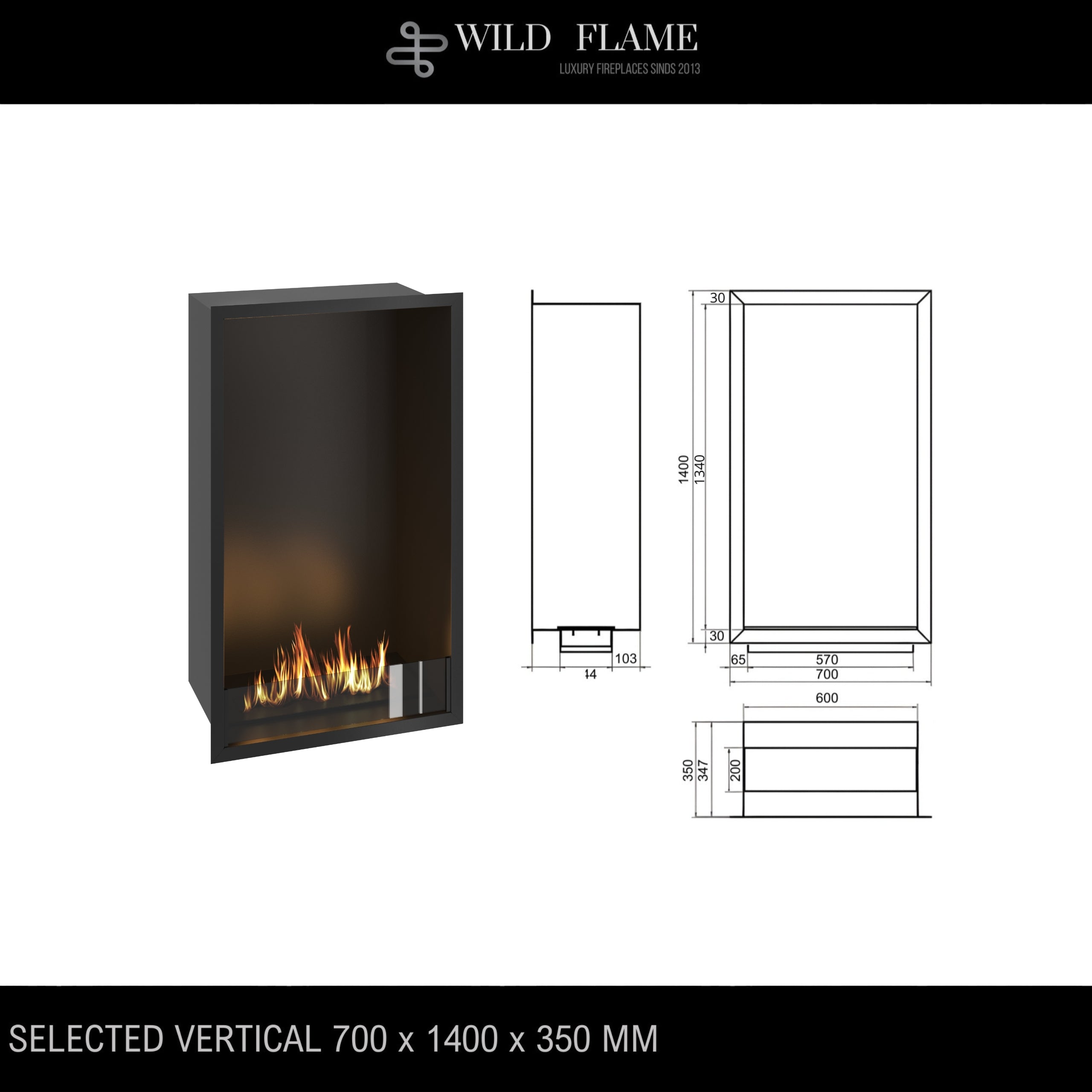 Selected Vertical Enkelzijdige Inbouwhaard 70 x 140 cm