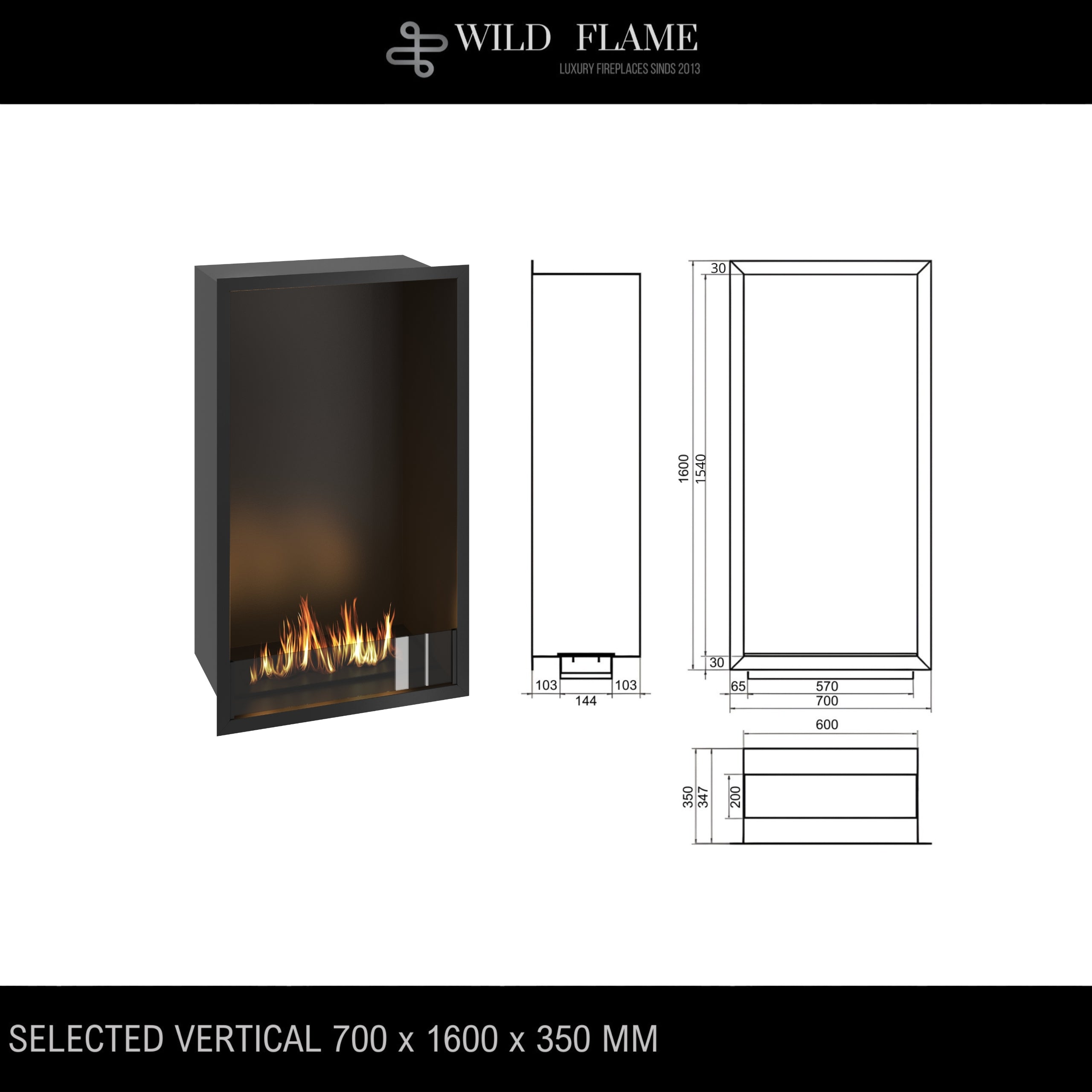 Selected Vertical Enkelzijdige Inbouwhaard 70 x 160 cm