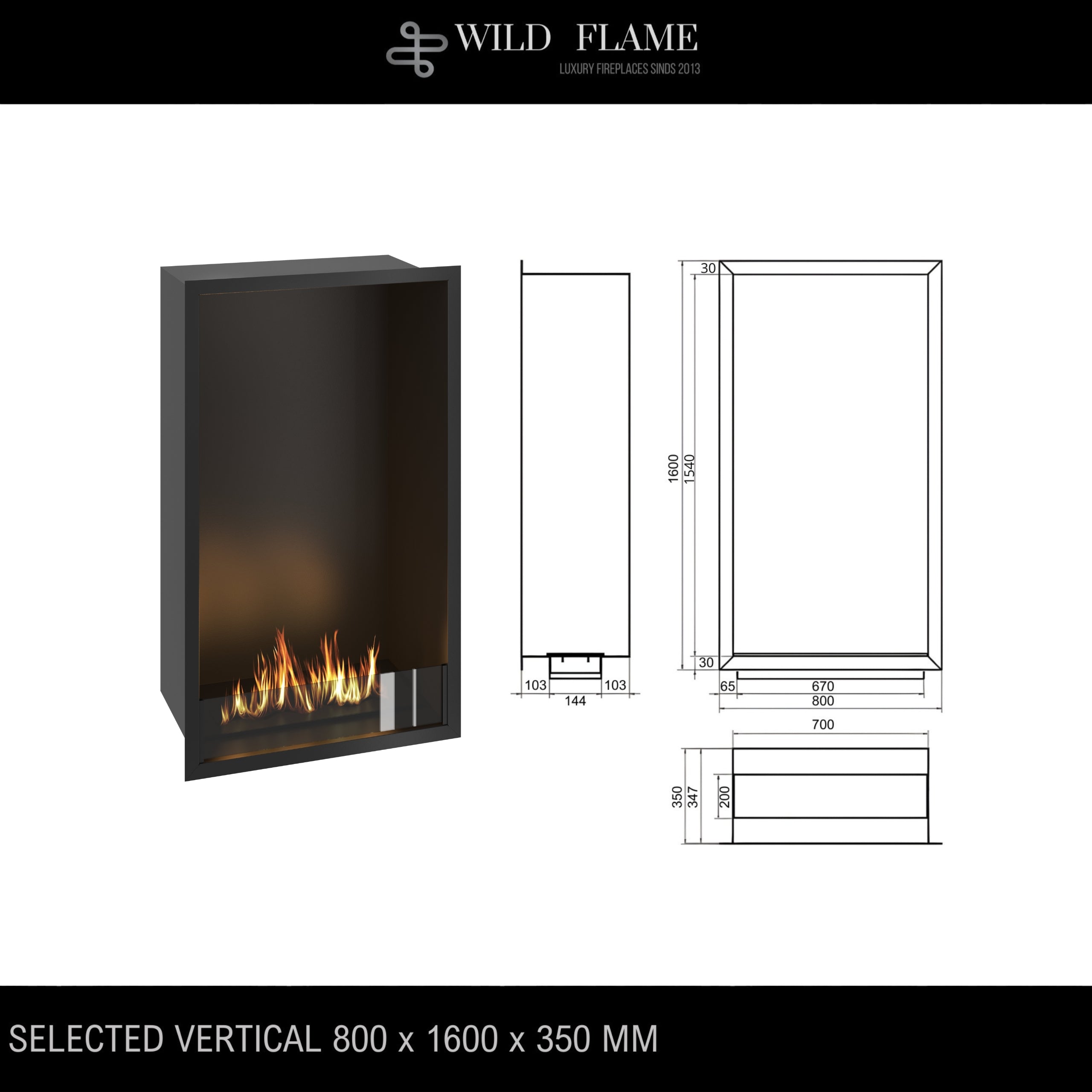 Selected Vertical Enkelzijdige Inbouwhaard 80 x 160 cm