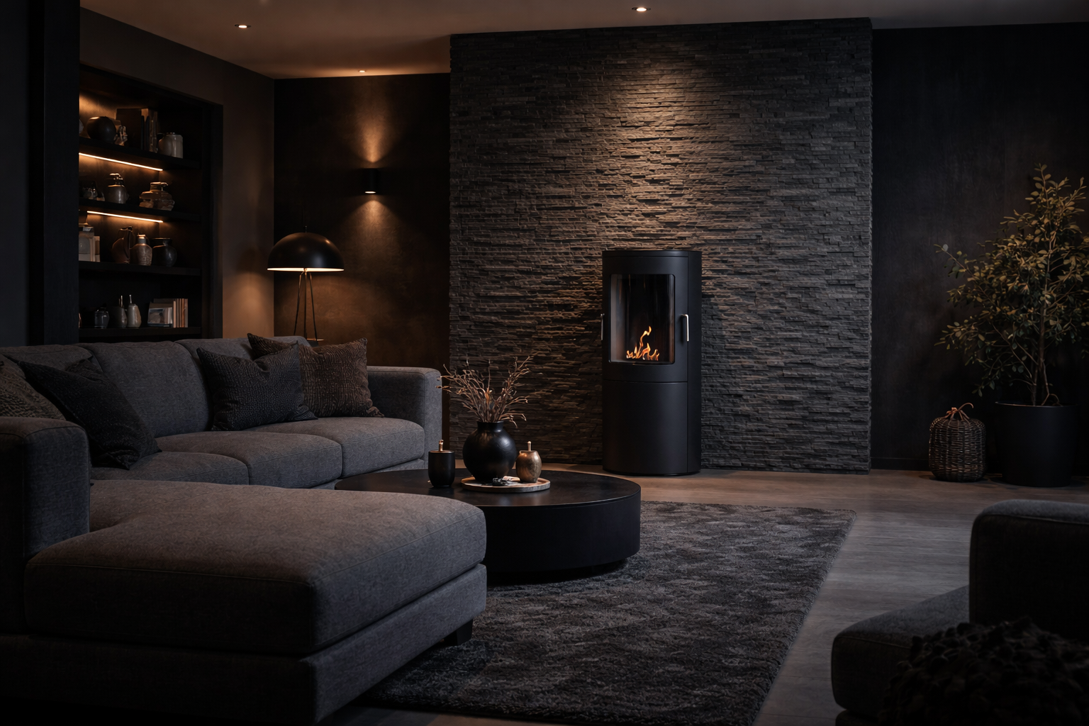 Pollen Black Bio Ethanol Freestanding Stove Fire H95 cm