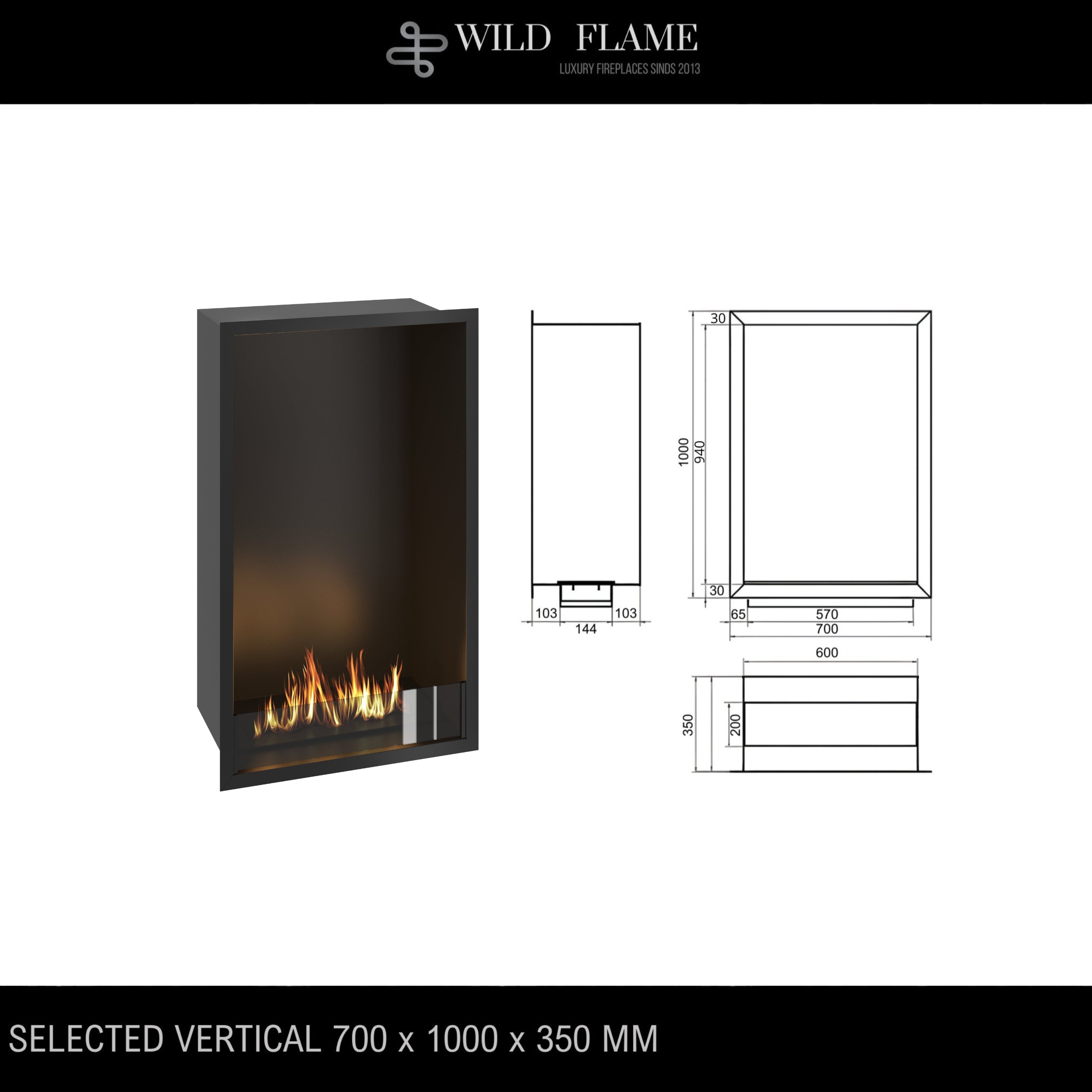 Selected Vertical Enkelzijdige Inbouwhaard 70 x 100 cm