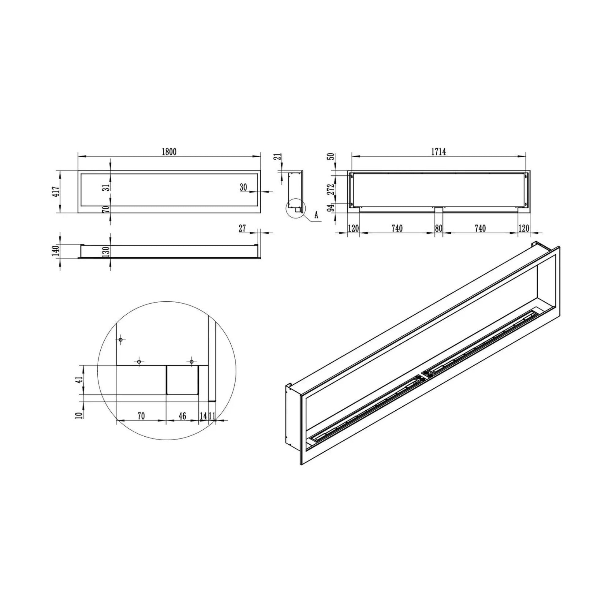 S-line Bio Ethanol Inbouwhaard 180 cm