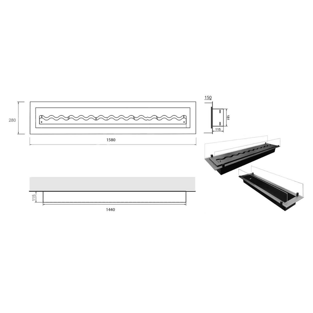 Insert Bio Ethanol Built-in Burner 158 cm