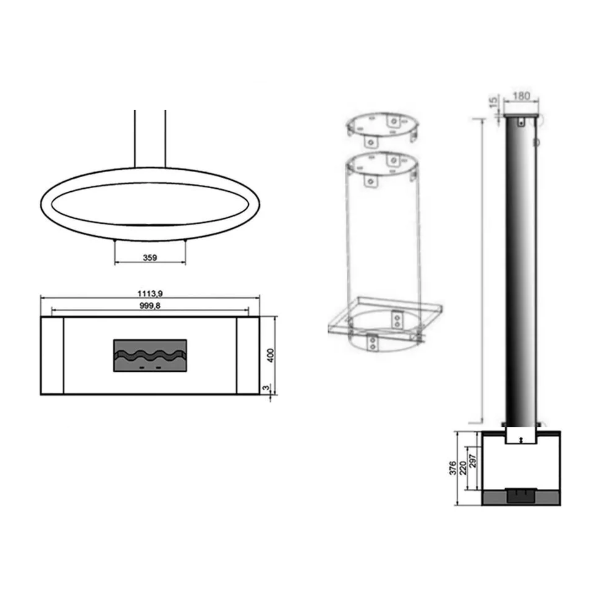 Meru RVS Gate Tube Zwart Bio Plafondhaard 112 cm