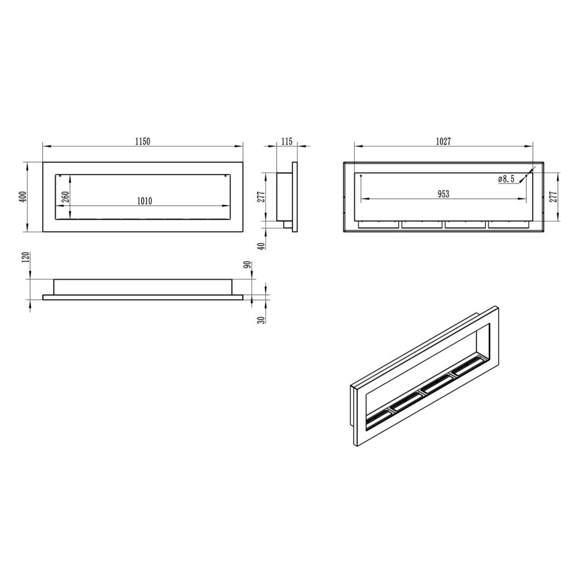 Nerez Zwart Bio-Ethanol Inbouw - Wandhaard 115 CM